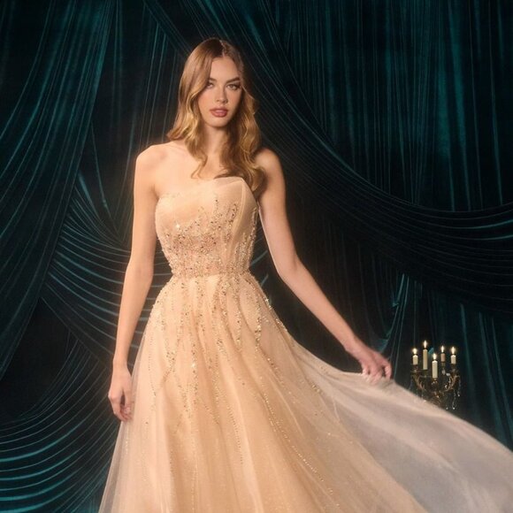 New Champagne Strapless Beads Embellished A-Line Gown w/ Beaded Bodice CD A1491 - Picture 8 of 10